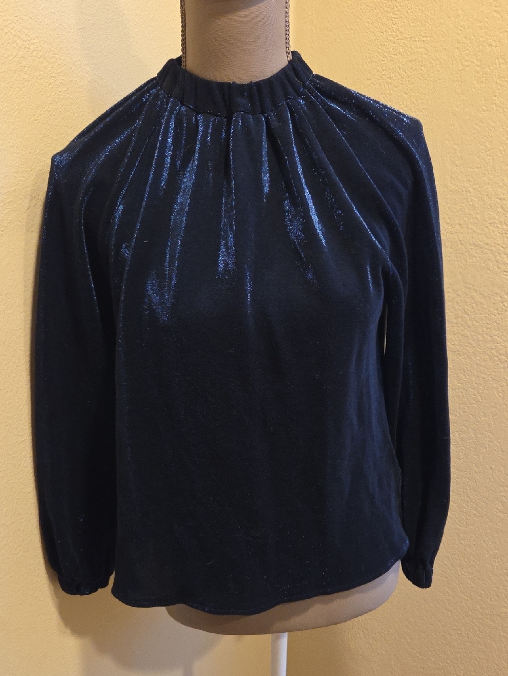 Tibi Metallic Blue Long-Sleeve Mock Neck Top